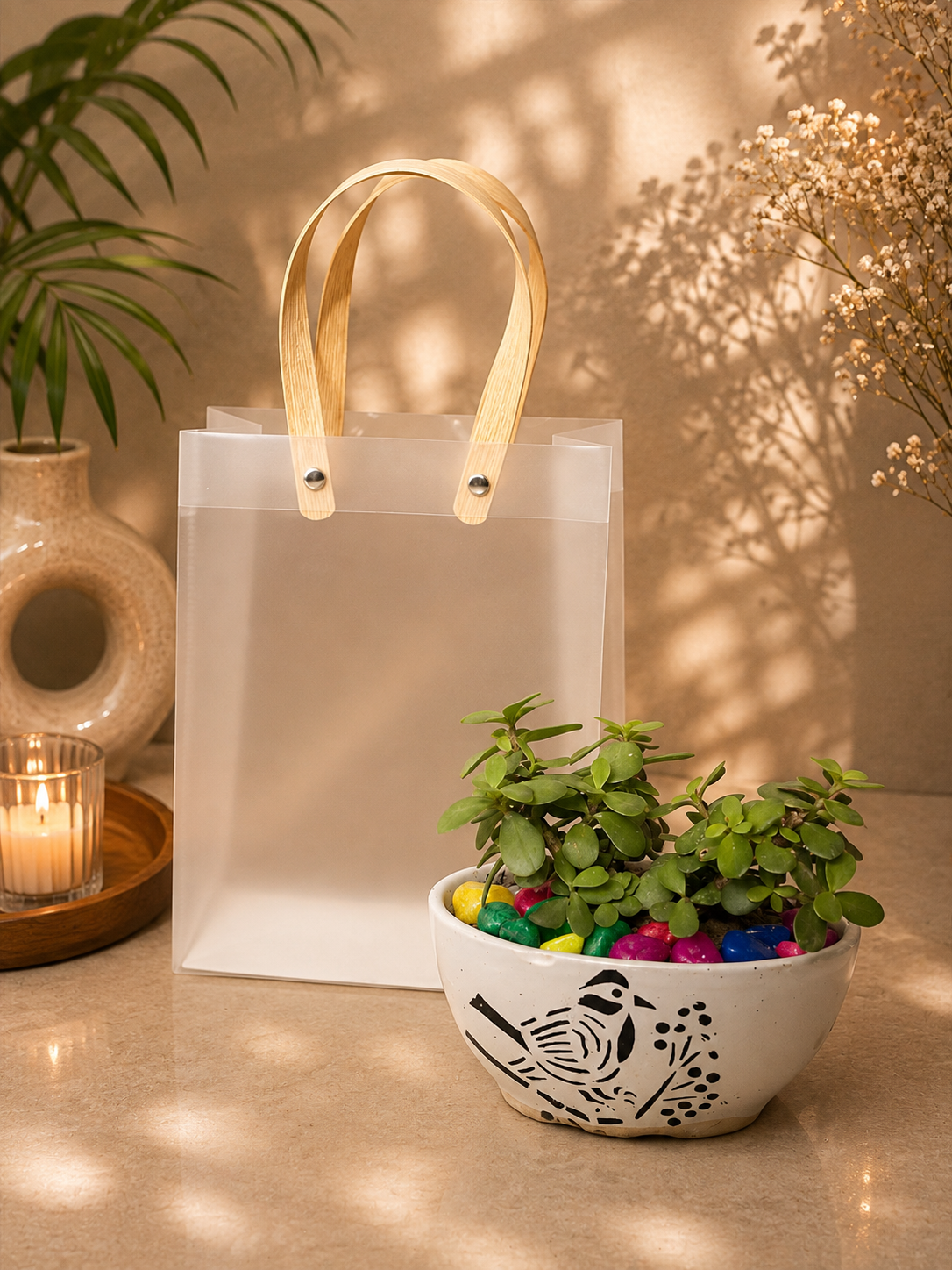 Jade plant in ceramic pot with premium transparent bag