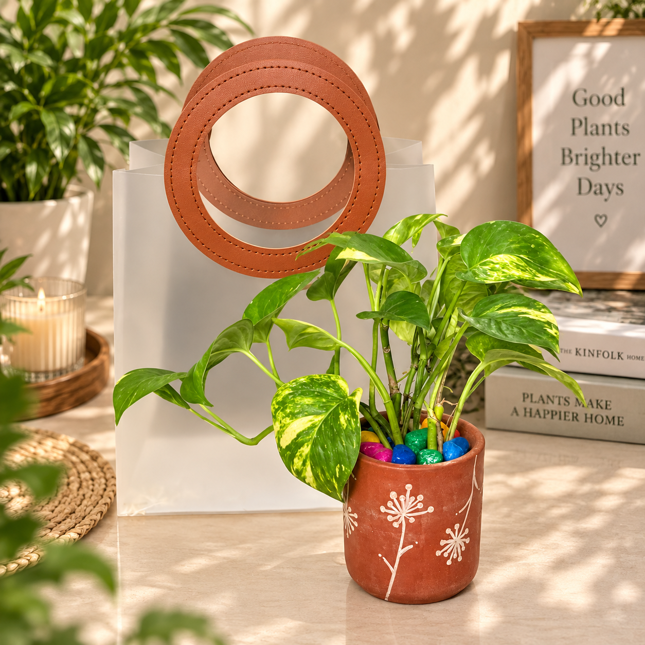 Money plant in terracotta pot with premium transparent bag