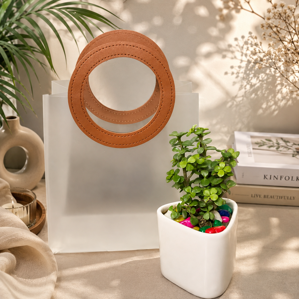 Jade plant in triangular ceramic pot with premium transparent bag