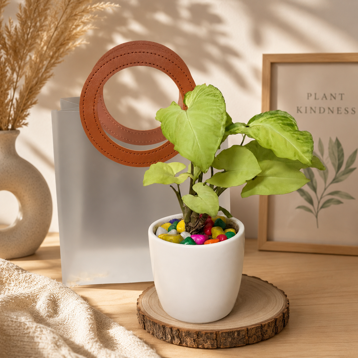 Syngonium plant in ceramic pot with premium transparent bag